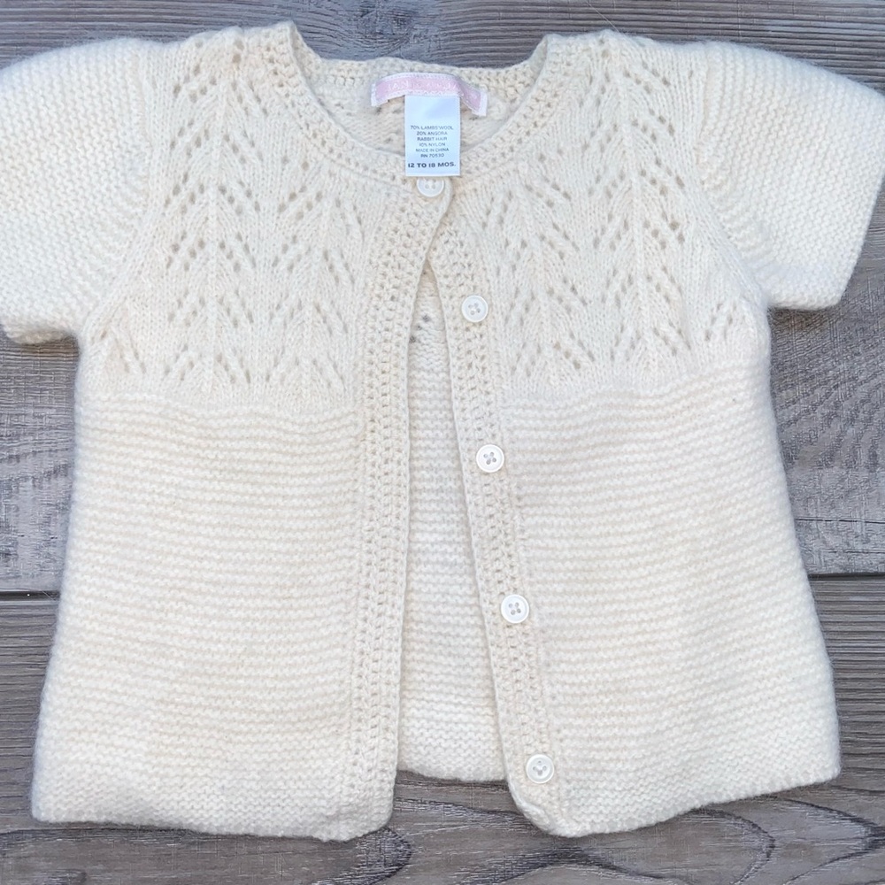 Janie Jack Ivory Button Down Front Eyelet Cardigan Sweater 12M 18M